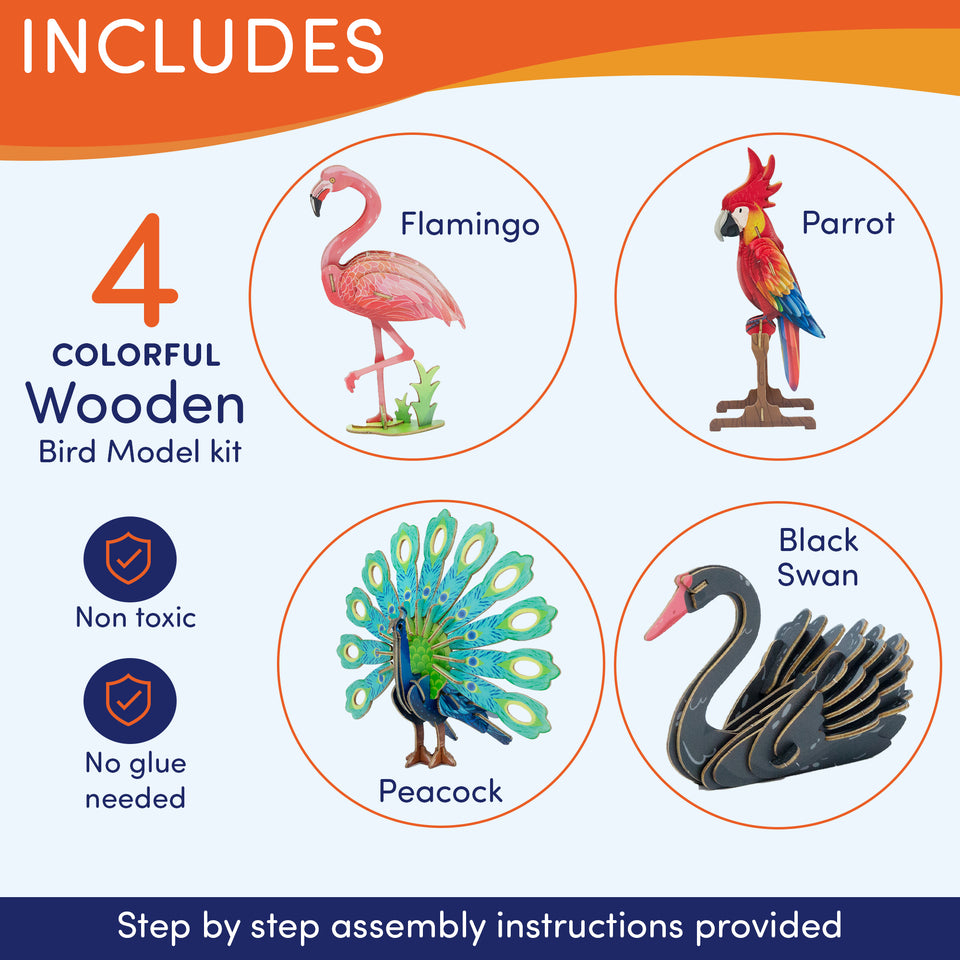 3D Wooden Puzzle – 4 Colorful Toy Birds for Kids Model Building Kits-Brain Teaser Puzzles Educational STEM Kits for Boys, Girls and Adults- DIY Wood Crafts 3-D Puzzles Birthday Gifts