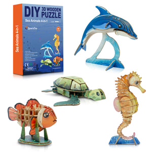 DIY 3D Wooden Puzzle Bundle– Colorful Sea Animals Models Building Kits for Kids & Adults- Educational STEM Brain Teasers Puzzles - Wood Crafts Gifts for Boys and Girls- Ages 8-9-10-11-12