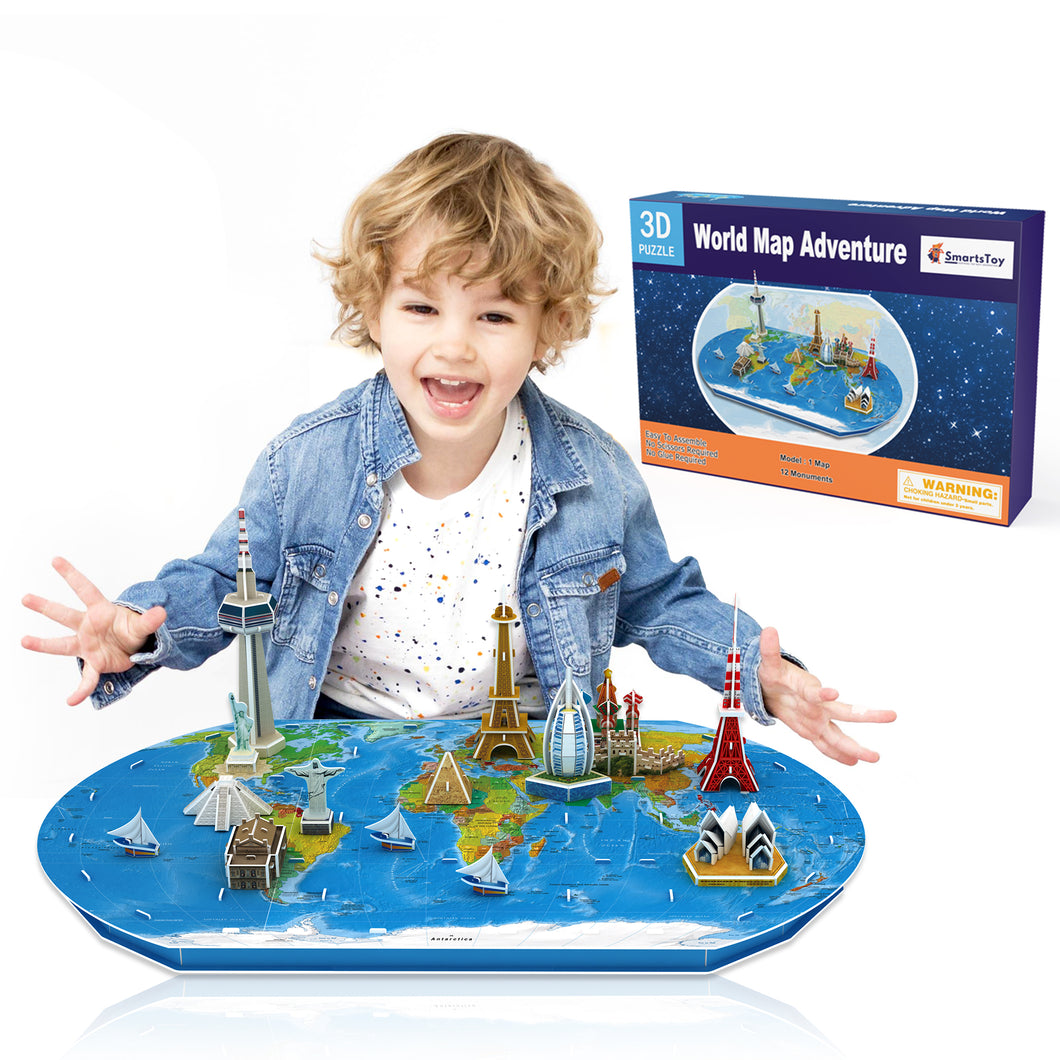 World Map Kids 3D Puzzle - Fun & Educational Interactive Map Toy with Monuments & Wonders of The World - Geography Game & Building Model Project - Cool Learning Gifts & STEM Toys for 7+ Boys & Girls