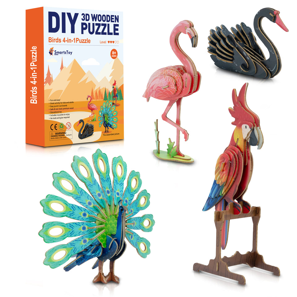 3D Wooden Puzzle – 4 Colorful Toy Birds for Kids Model Building