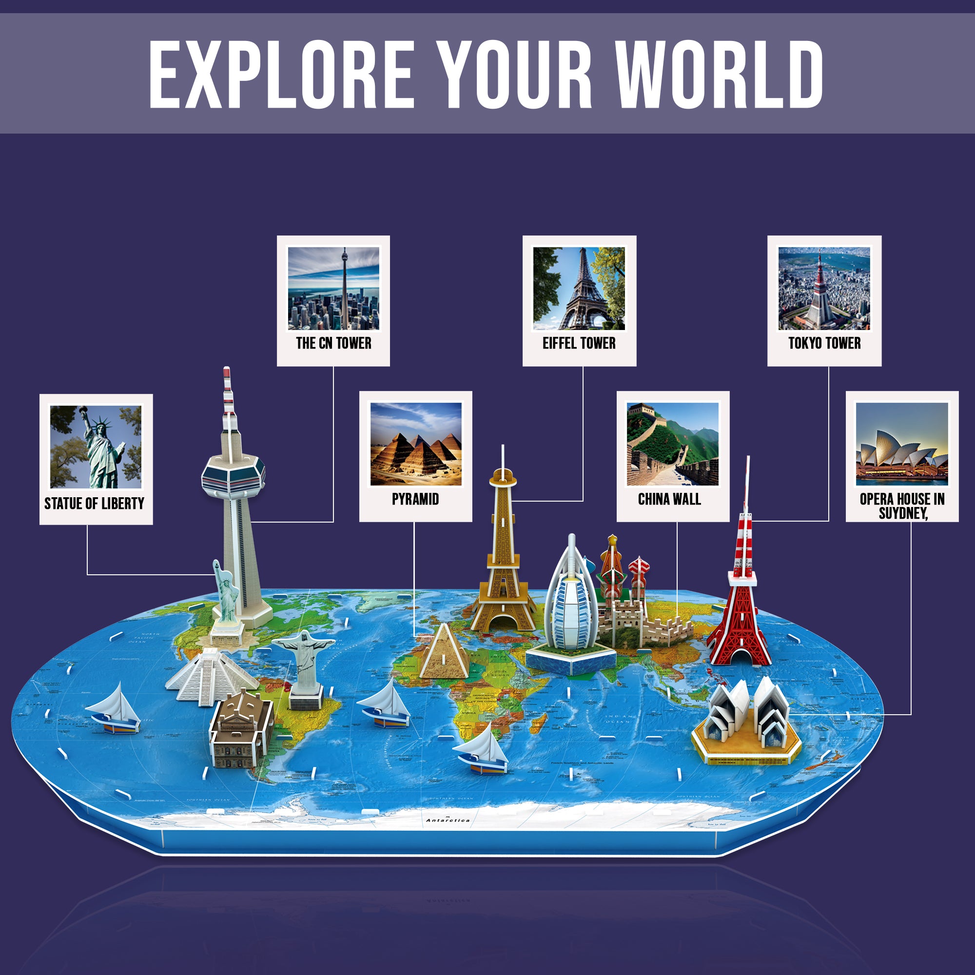 Interactive Monuments World Map Kids 3D Puzzle - Fun & Educational Interactive Map Toy with ...